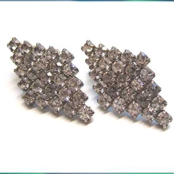 Art Deco French Grey Diamond Crystal Vintage Clip Earrings - Picture 4 of 7